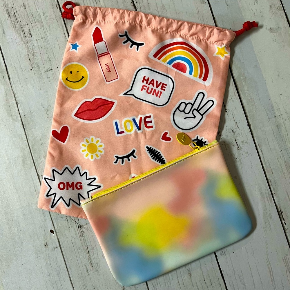 Ipsy Coordinating Cosmetic Bag Bundle, Set of 2, Rainbow & Emoji Fun Designs